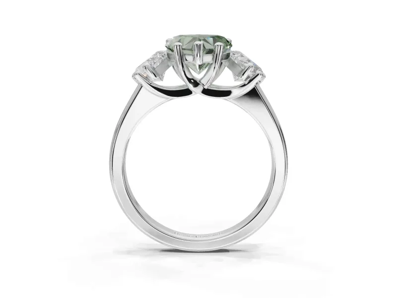 Heart-Shaped Three Stone Engagement Ring Setting for a Fancy Green Lab-Grown Diamond | Tapered Band | Sterling Silver