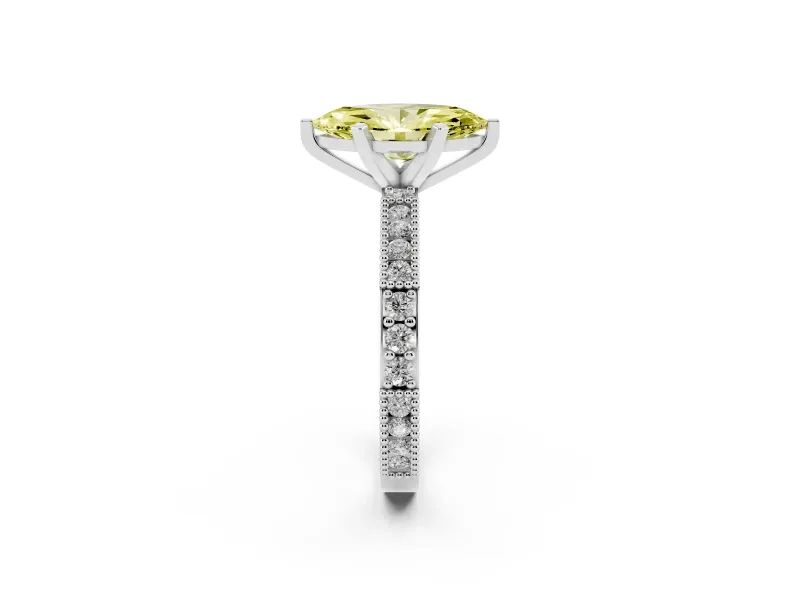Fancy Yellow Marquise Cut Diamond Solitaire Ring Set in Platinum with Slim Pavé Band and Prong Setting