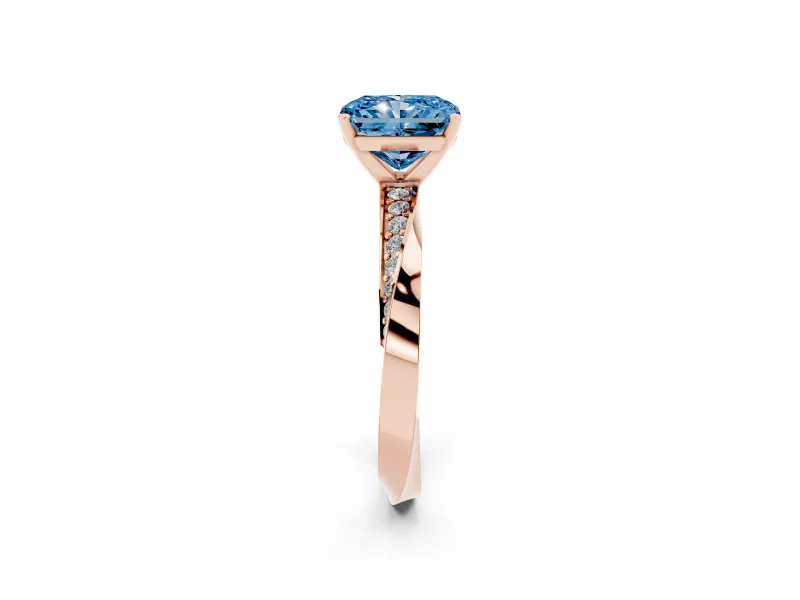 Radiant Cut Twisted Pave Engagement Ring Setting for a Fancy Blue Lab-Grown Diamond | Ribbon Band | Rose Gold