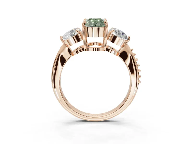 Oval Three Stone Engagement Ring Setting for a Fancy Green Lab-Grown Diamond | Tapered Pave Band | Rose Gold
