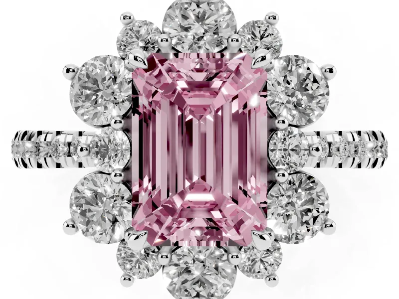 Fancy Pink Emerald Cut Diamond Floral Halo Ring Set in Platinum with Round Pavé Band and Prong Setting