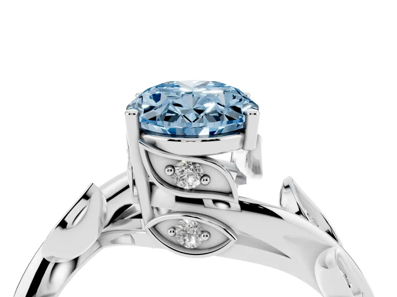 Fancy Blue Oval Cut Diamond Solitaire Twist Engagement Ring Set in White gold with Pavé Leaf Accents