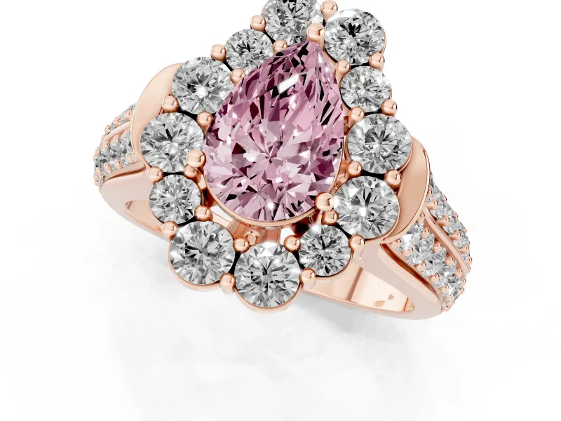 Fancy Pink Pear Cut Diamond Halo Engagement Ring Set in Rose gold with Split Shank and Prong Setting