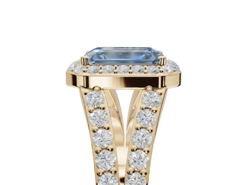 Emerald Cut Halo Pavé Engagement Ring Setting for a Fancy Blue Lab-Grown Diamond | Narrow Split Shank | Yellow Gold