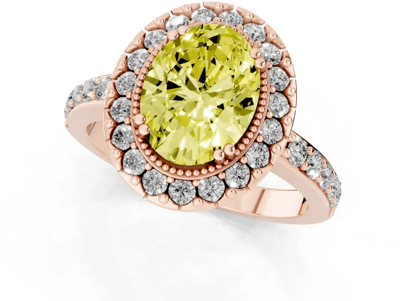 Fancy Yellow Oval Cut Diamond Halo Ring Set in Rose gold with Pavé Shank and Prong Setting