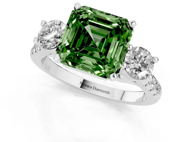 Fancy Green Three-Stone Asscher Cut Diamond Pavé Band Ring Set in Silver with Prong-Set Trio