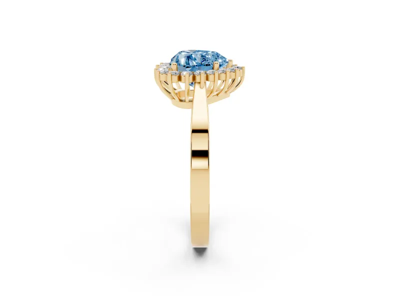 Fancy Blue Heart Cut Diamond Halo Ring Set in Yellow gold with Round Halo and Smooth Solitaire Band