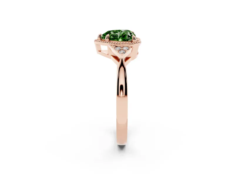 Fancy Green Heart Cut Diamond Milgrain Solitaire Ring Set in Rose gold with Tapered Pavé Band and Prong Setting