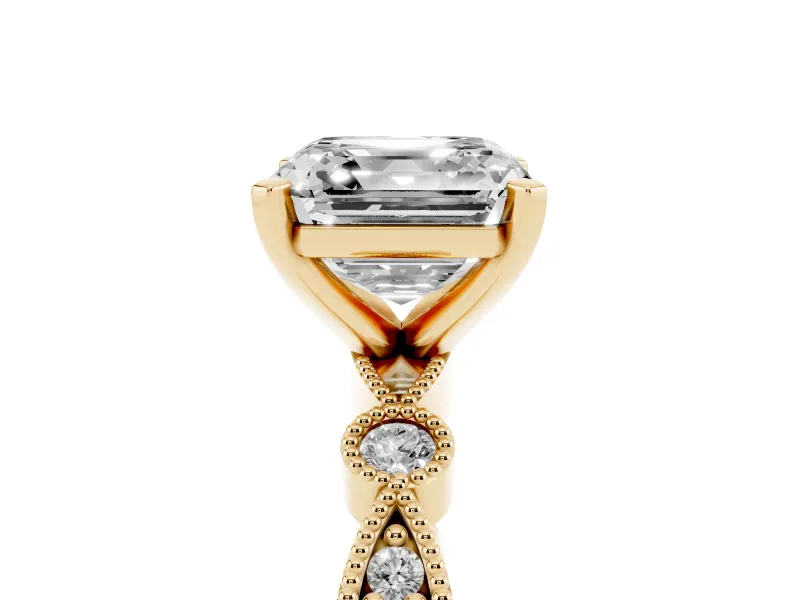 Asscher Cut Vintage Milgrain Solitaire Engagement Ring Setting | Bezel Accents | Yellow Gold