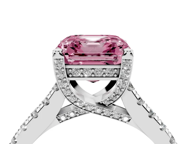 Asscher Cut Hidden Halo Pave Engagement Ring Setting for a Fancy Pink Lab-Grown Diamond | Claw Prongs | Sterling Silver