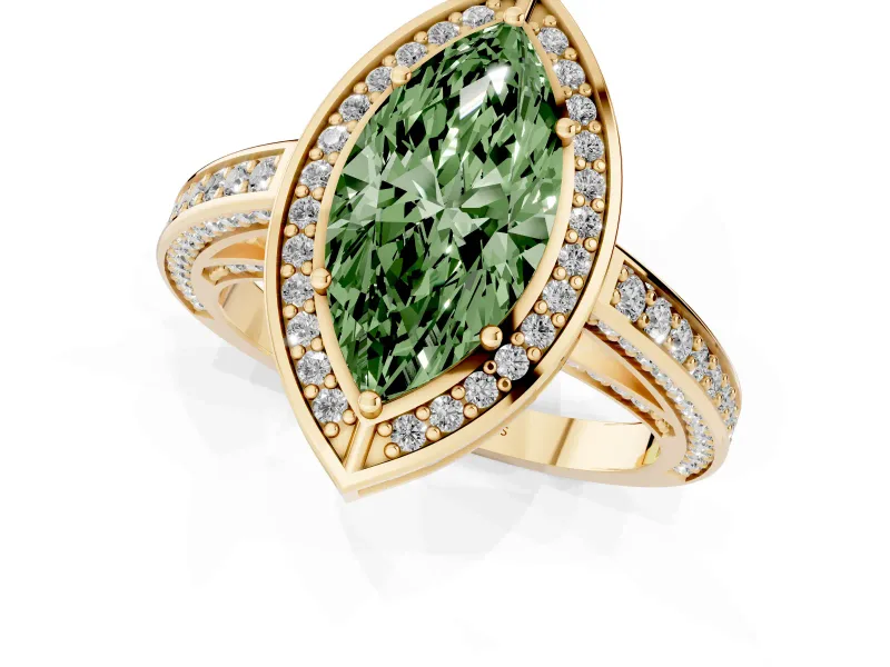 Marquise Sectioned Halo Engagement Ring Setting for a Fancy Green Lab-Grown Diamond | Yellow Gold