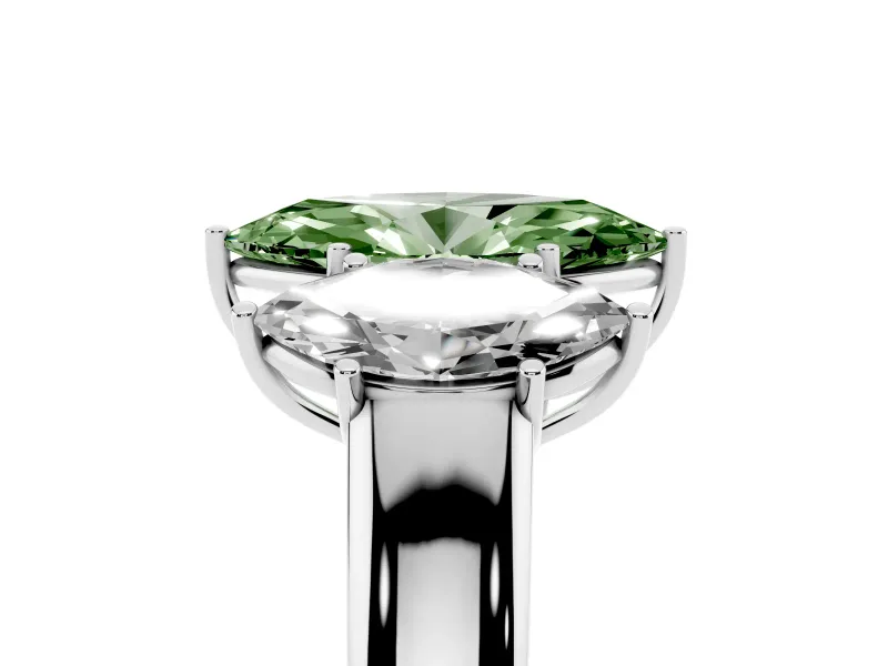 Fancy Green Three-Stone Marquise Cut Diamond Ring Set in Silver with Matching Prong Settings and Plain Band