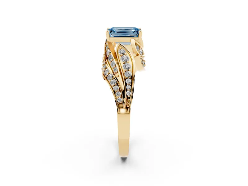 Emerald Cut Bypass Hidden Halo Engagement Ring Setting for a Fancy Blue Lab-Grown Diamond | Graduated Pavé | Yellow Gold