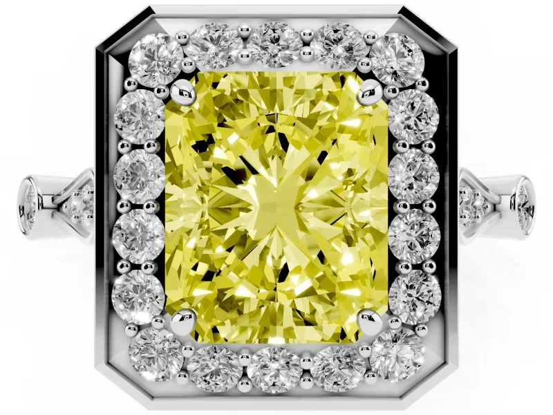 Radiant Cut Halo Engagement Ring Setting for a Fancy Yellow Lab-Grown Diamond | Bezel Station Shoulders | Platinum