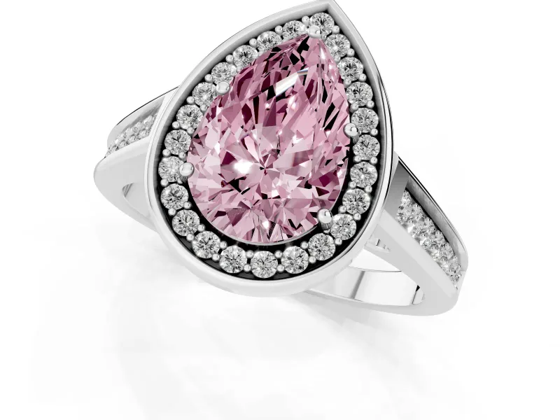Fancy Pink Pear Cut Diamond Halo Solitaire Ring Set in Platinum with Pavé Band and Bezel Setting