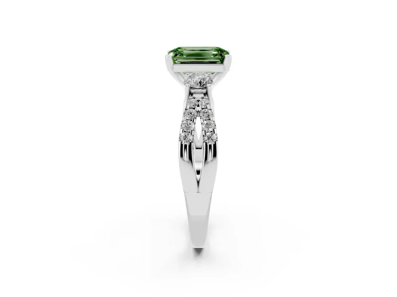 Fancy Green Emerald Cut Diamond Three-Stone Ring Set in Platinum with Pavé Split Shank and Prong Setting