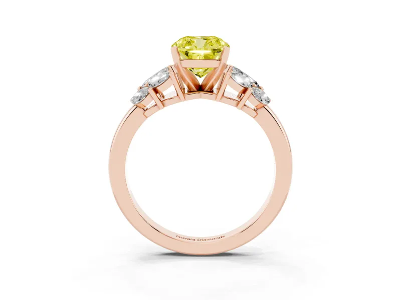 Fancy Yellow Cushion Cut Diamond Cluster Leaf Design Ring Set in Rose gold with Prong Setting