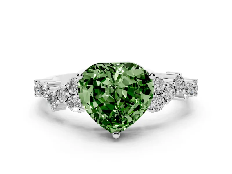 Fancy Green Heart Cut Diamond Ring Set in Platinum with Scattered Round Accents