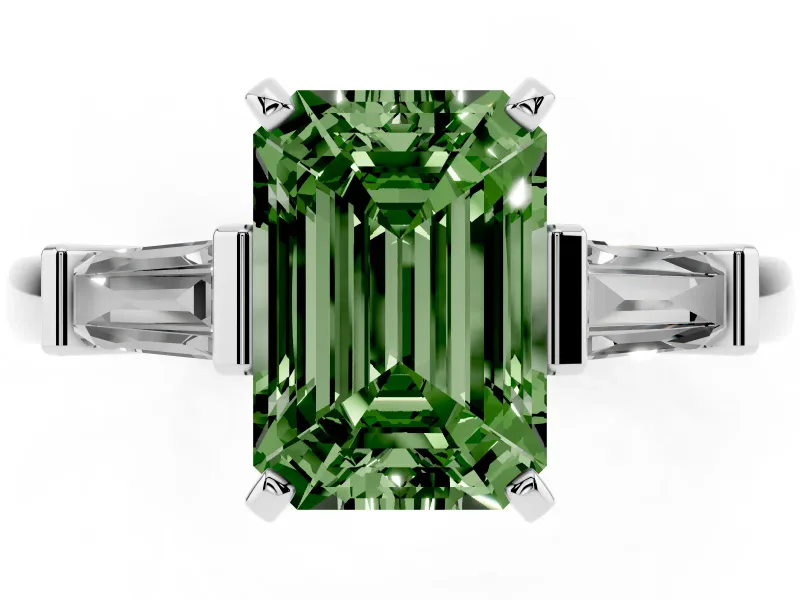 Emerald Cut Three-Stone Engagement Ring Setting for a Fancy Green Lab-Grown Diamond | Tapered Baguettes | Platinum