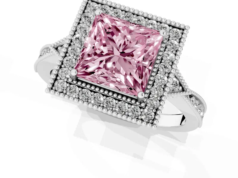 Fancy Pink Princess Cut Diamond Halo Engagement Ring Set in Platinum with Milgrain Pavé Band