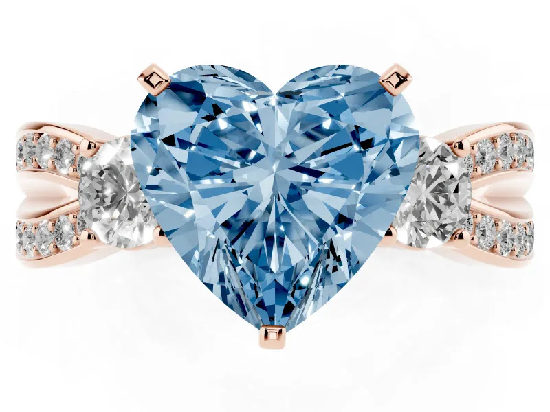 Heart-Shaped Three-Stone Pavé Twist Engagement Ring Setting for a Fancy Blue Lab-Grown Diamond | Split Shank | Rose Gold