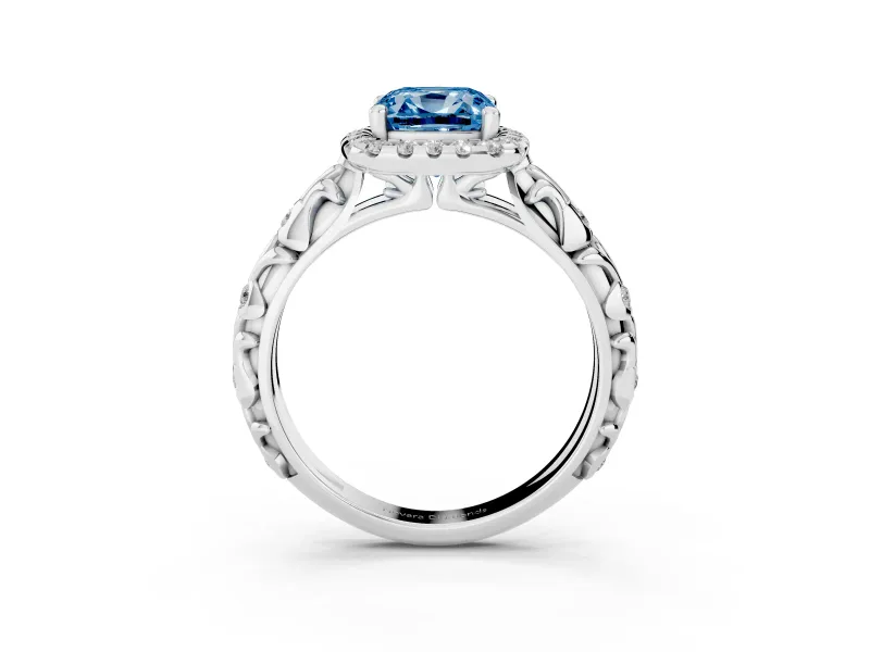 Cushion Cut Leaf Halo Engagement Ring Setting for a Fancy Blue Lab-Grown Diamond | Bezel Accents | White Gold
