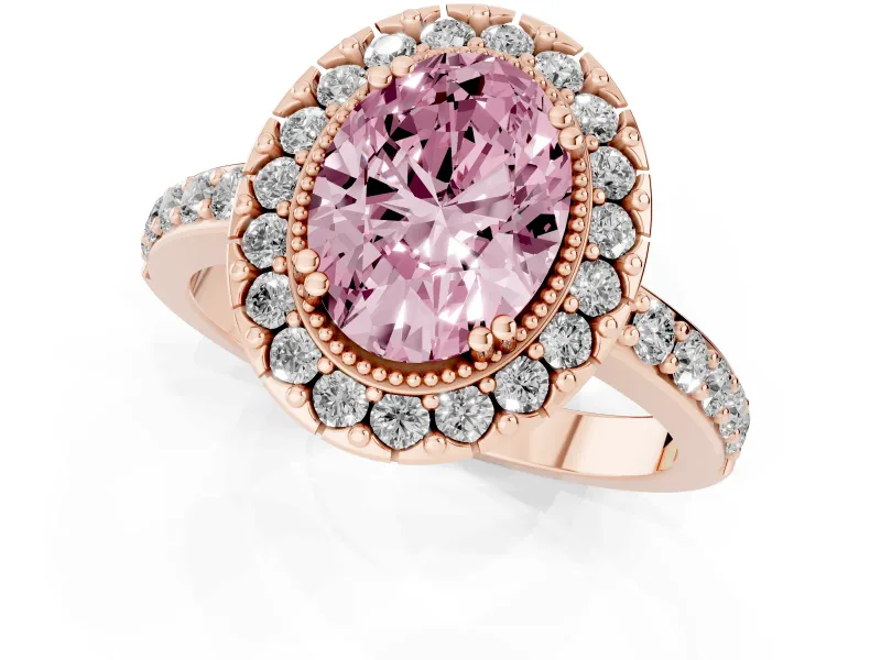 Fancy Pink Oval Cut Diamond Halo Ring Set in Rose gold with Pavé Shank and Prong Setting