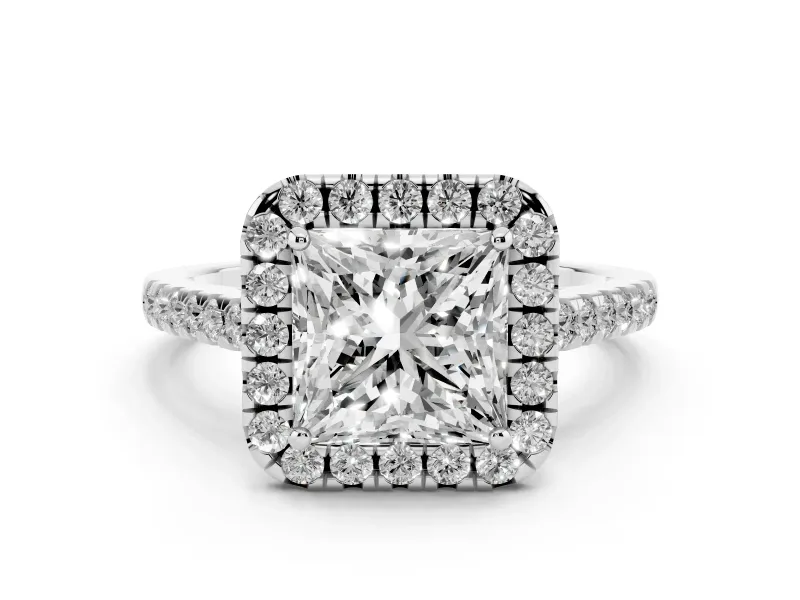 Princess Cut Diamond Pavé Halo Engagement Ring Set in White gold with Pavé Band and Prong Setting