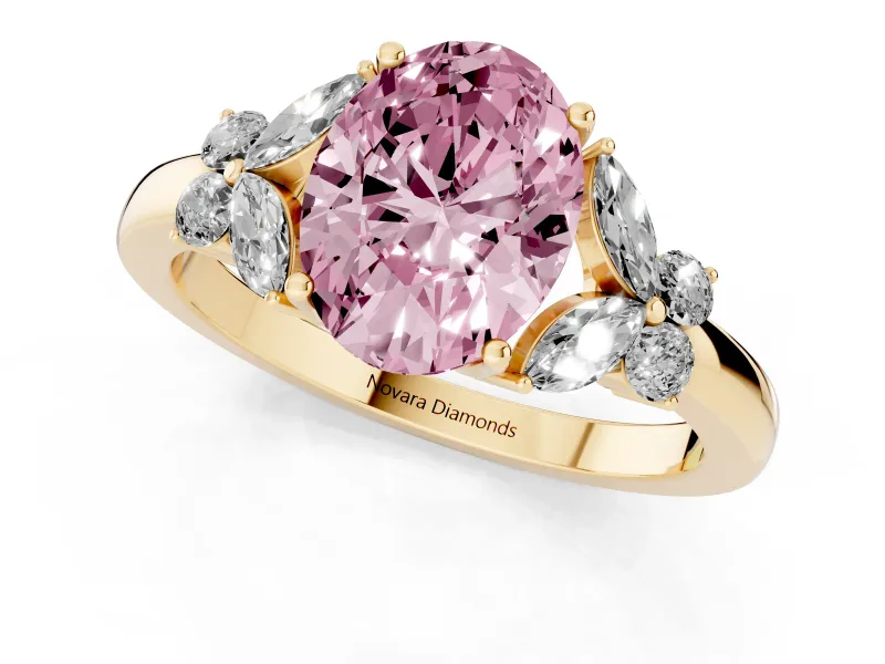 Fancy Pink Oval Cut Diamond Solitaire Floral Ring Set in Yellow gold with Marquise Petals and Prong Setting