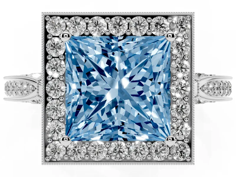 Princess Cut Milgrain Halo Engagement Ring Setting for a Fancy Blue Lab-Grown Diamond | Side Stones | Platinum