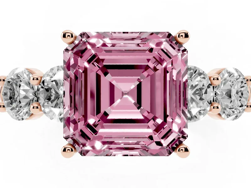 Fancy Pink Asscher Cut Diamond Five-Stone Prong Set Ring Set in Rose gold with Classic Band