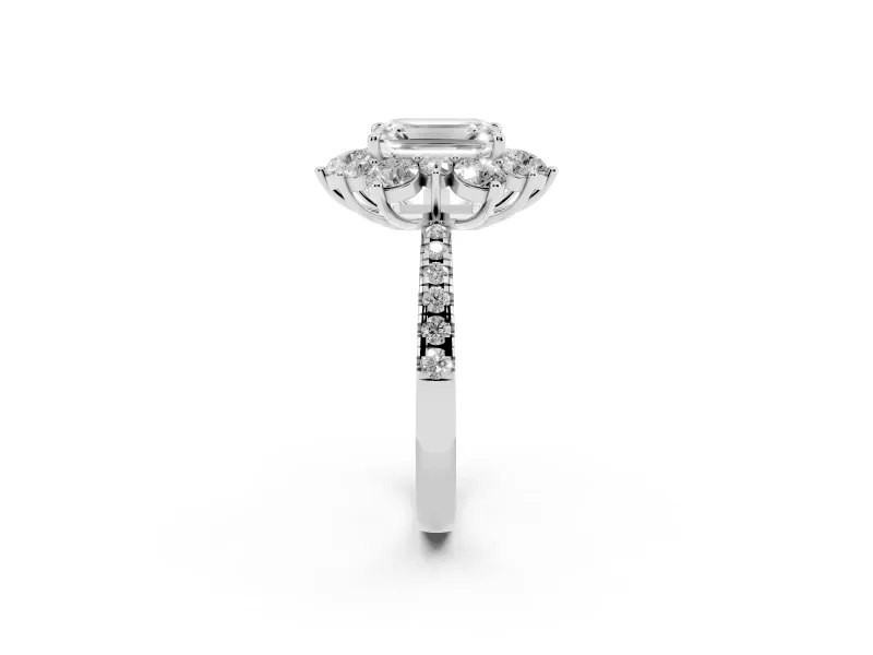Emerald Cut Diamond Floral Halo Ring Set in Platinum with Round Pavé Band and Prong Setting
