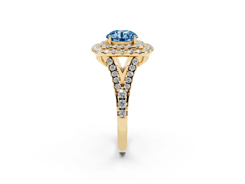 Round Halo Split Shank Engagement Ring Setting for a Fancy Blue Lab-Grown Diamond | Pavé Strands | Yellow Gold