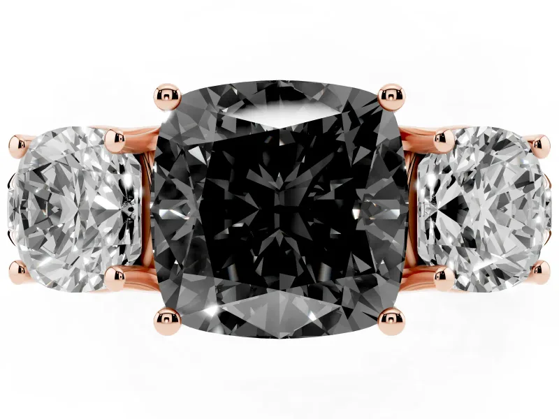 Fancy Black Cushion Cut Diamond Three-Stone Ring Set in Rose gold with Pavé Band