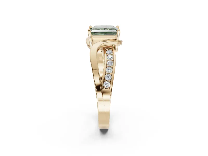 Princess Cut Bypass Solitaire Engagement Ring Setting for a Fancy Green Lab-Grown Diamond | Pavé Strands | Yellow Gold