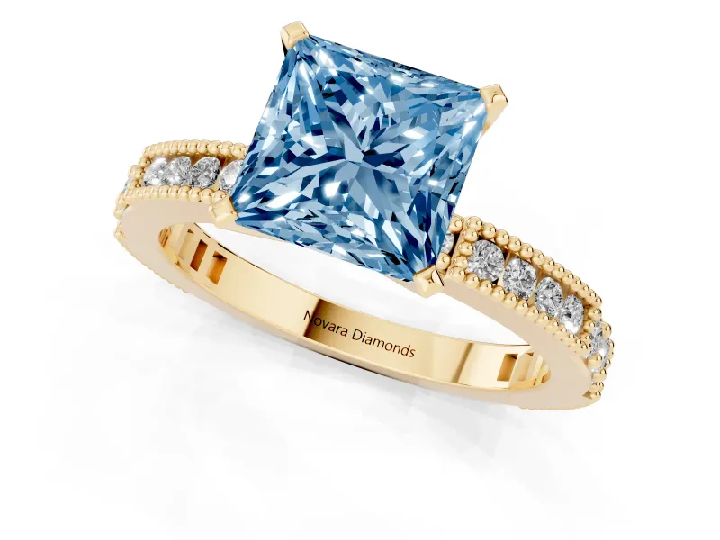 Princess Cut Vintage Pavé Engagement Ring Setting for a Fancy Blue Lab-Grown Diamond | Yellow Gold