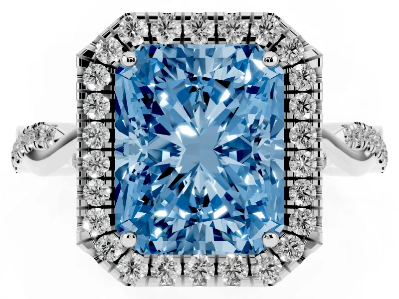 Radiant Cut Twist Halo Engagement Ring Setting for a Fancy Blue Lab-Grown Diamond | Platinum