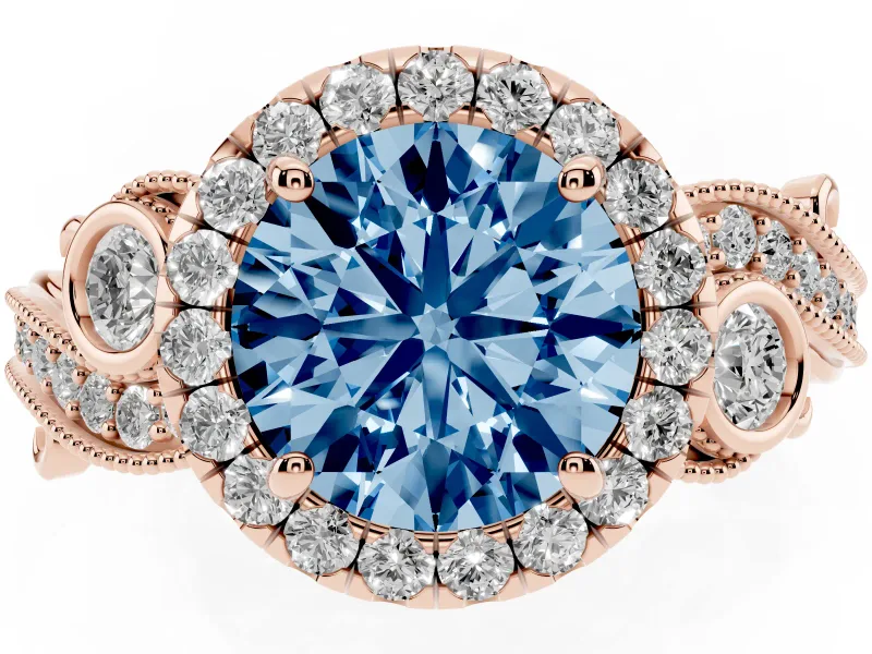 Round Vintage Halo Engagement Ring Setting for a Fancy Blue Lab-Grown Diamond | Rose Gold