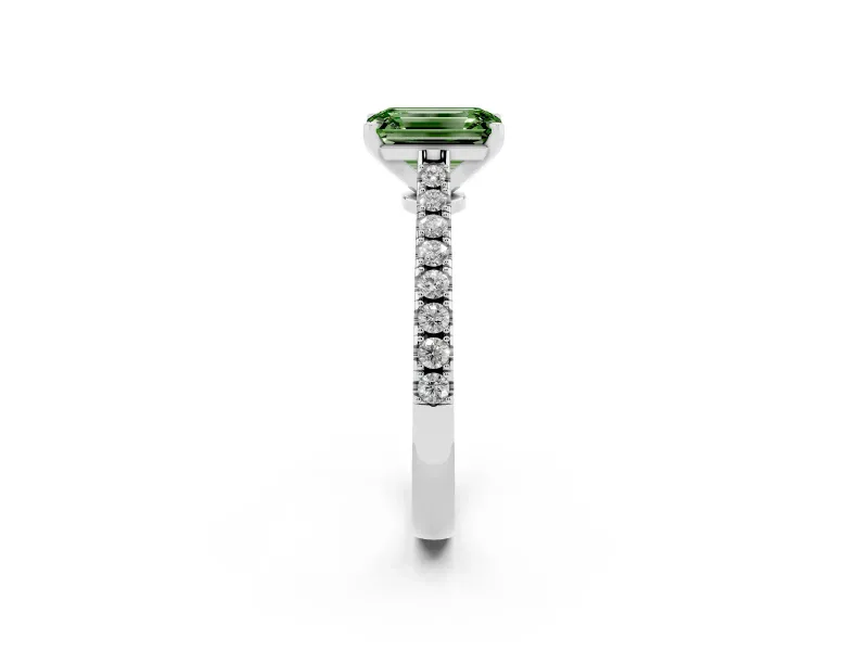 Fancy Green Emerald Cut Diamond Solitaire Engagement Ring Set in Silver with Delicate Pavé Band and Prong Setting