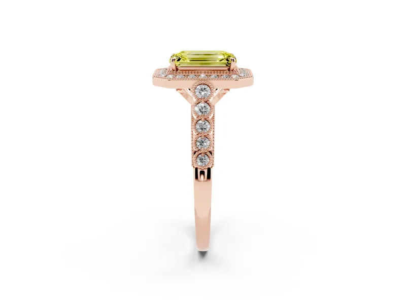 Emerald Cut Graduated Milgrain Halo Engagement Ring Setting for a Fancy Yellow Lab-Grown Diamond | Rose Gold