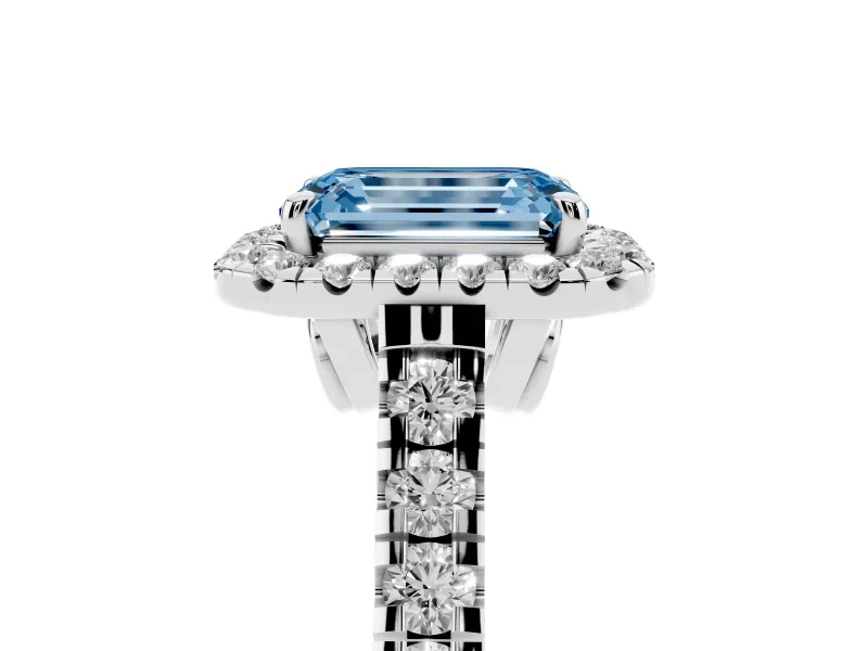 Emerald Cut Halo Engagement Ring Setting for a Fancy Blue Lab-Grown Diamond | Shared Prong Shoulders | Sterling Silver