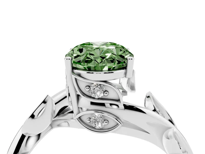 Fancy Green Oval Cut Diamond Solitaire Twist Engagement Ring Set in Silver with Pavé Leaf Accents
