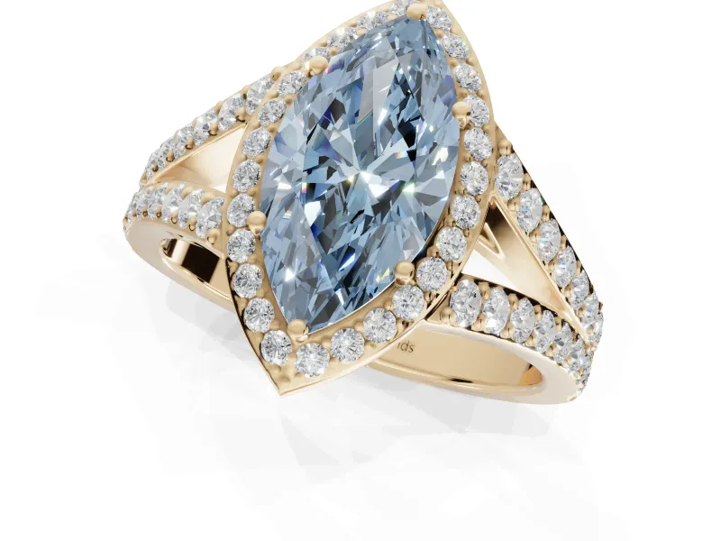 Marquise Halo Pavé Engagement Ring Setting for a Fancy Blue Lab-Grown Diamond | Narrow Split Shank | Yellow Gold