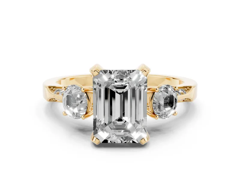 Fancy Pink Emerald Cut Diamond Three-Stone Ring Set in Yellow gold with Pavé Band and Smaller Side Stones
