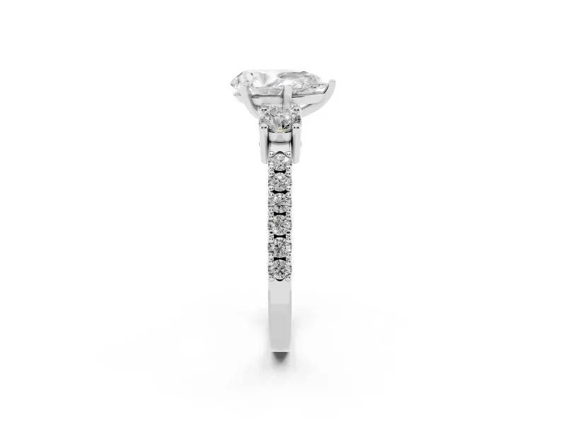 Three-Stone Pear Cut Diamond Pavé Band Ring Set in Platinum with Prong Setting