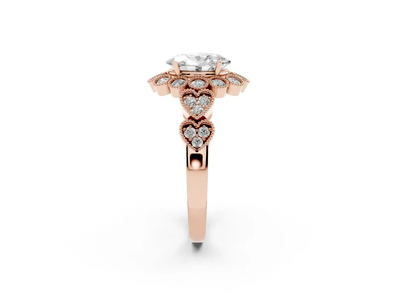 Oval Vintage Scalloped Milgrain Halo Engagement Ring Setting | Heart Pavé Band | Rose Gold