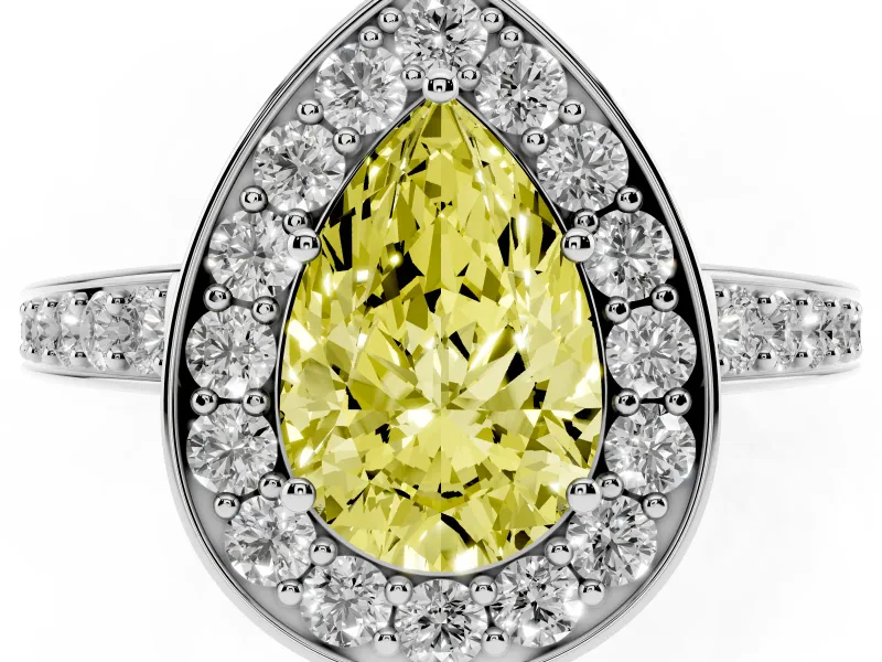 Fancy Yellow Pear Cut Diamond Halo Pavé Engagement Ring Set in Platinum with Bezel Setting