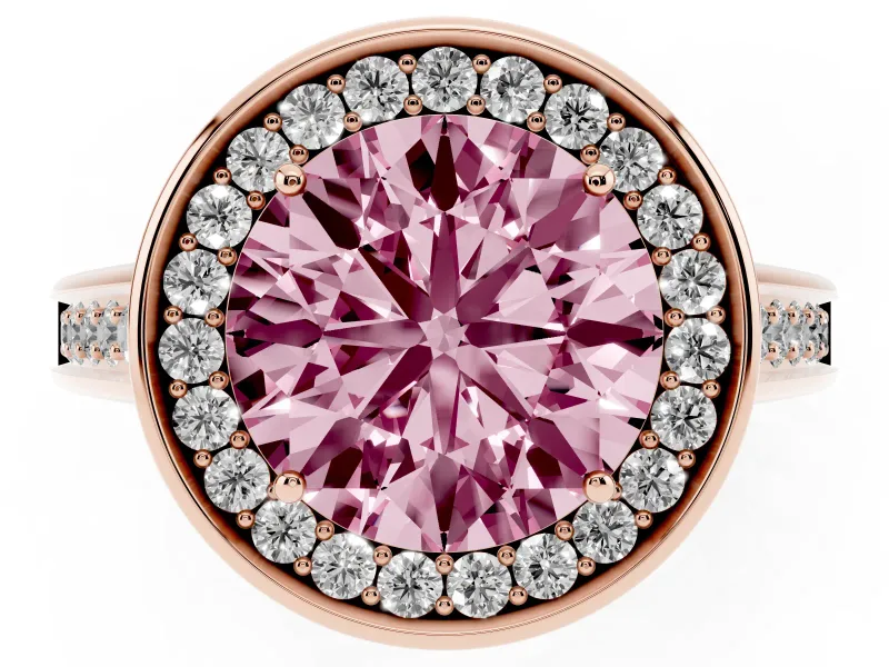 Fancy Pink Round Cut Diamond Halo Solitaire Ring Set in Rose gold with Pavé Band and Bezel Setting