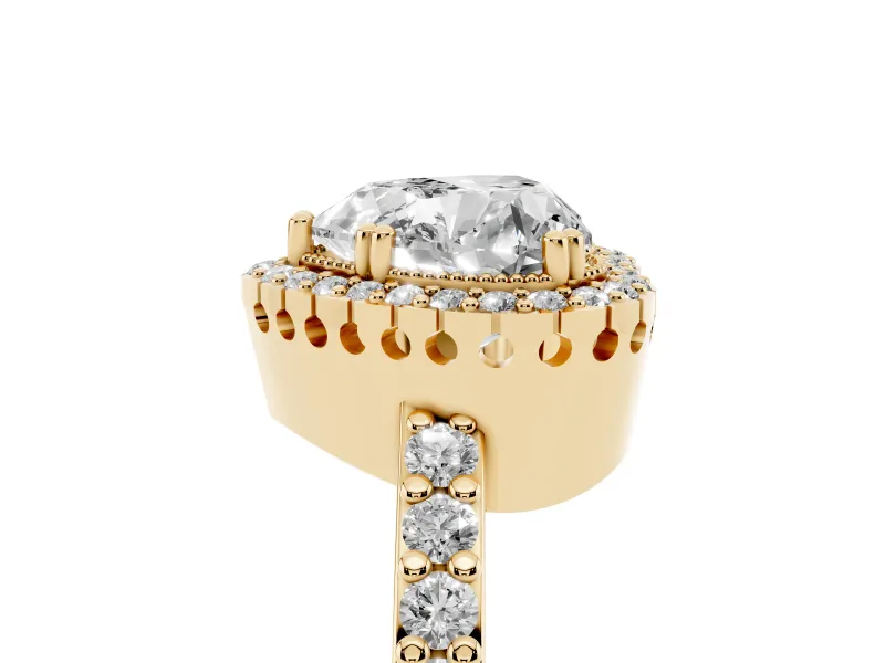 Heart Cut Diamond Halo Engagement Ring Set in Yellow gold with Milgrain Detail and Pavé Band
