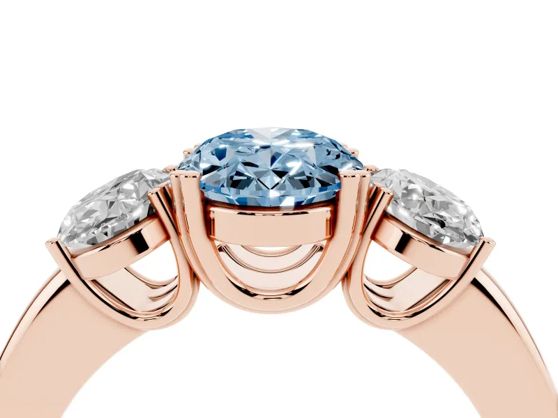 Oval Three Stone Engagement Ring Setting for a Fancy Blue Lab-Grown Diamond | Double Claw Head | Rose Gold